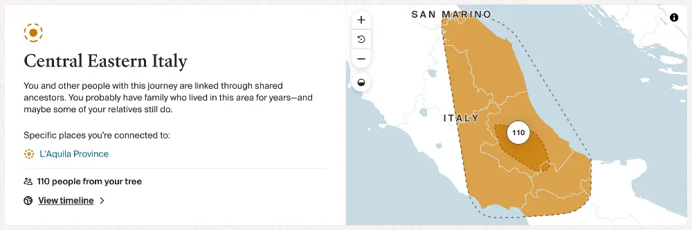 Alt text: A DNA ancestry map highlighting the Central Eastern Italy region, shaded in orange, with a focus on the L'Aquila Province. The map shows a region in central Italy, and accompanying text explains that shared ancestors connect individuals to this area, where family may have lived for years. The text notes a connection to 110 people from a family tree, with a "View timeline" link provided.