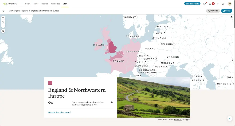 Alt text: A DNA ancestry map highlighting the England & Northwestern Europe region, shaded in pink, with an ancestral estimate of 9%, ranging from 5% to 19%. The highlighted areas include parts of England, France, Belgium, and the Netherlands. Below the map, a photo features a scenic view of the English countryside with rolling green hills, stone barns, and a winding road through fields.