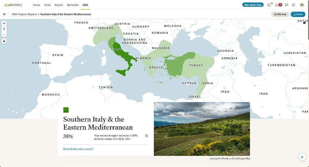 Alt text: A DNA ancestry map for the Southern Italy & Eastern Mediterranean region, showing areas shaded in green across parts of Italy, Greece, Turkey, and nearby Mediterranean countries. Text below the map indicates a 38% ancestral estimate for this region, with a possible range from 32% to 42%. An accompanying photo depicts a Mediterranean landscape with green hills and wildflowers under a cloudy sky.