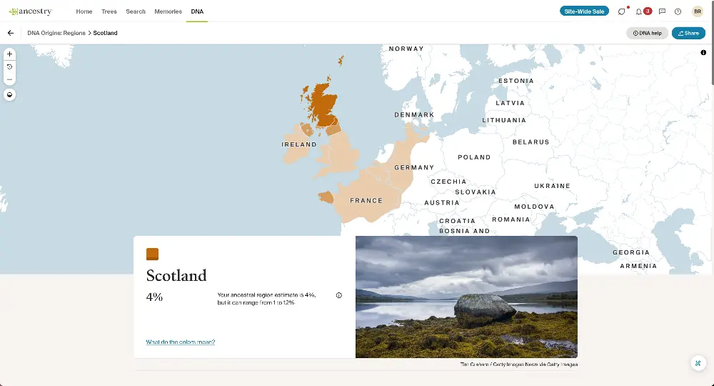 Alt text: A DNA ancestry map highlighting the Scotland region, shaded in brown, with an ancestral estimate of 4%, ranging from 1% to 12%. The map focuses on Scotland and nearby areas in the United Kingdom. Below the map, a photo shows a rugged Scottish landscape featuring a large rock on a mossy shore, with misty mountains and a cloudy sky in the background.