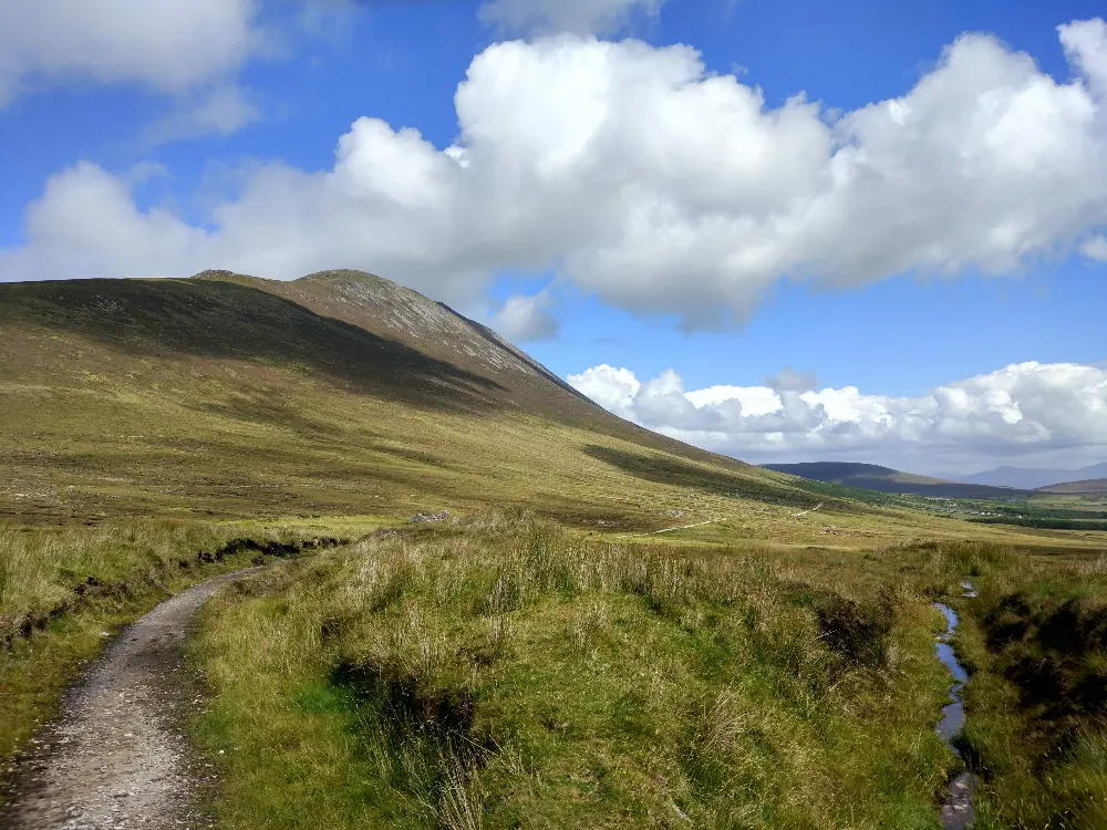 Alt text: A serene landscape in County Mayo, Ireland, featuring a winding dirt path leading through grassy fields toward a gently sloping hill. A small stream runs parallel to the path, with blue skies and fluffy white clouds overhead. The scene captures the peaceful, open countryside typical of the region.