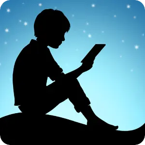 The image features the Amazon Kindle app icon, which is a silhouette of a child sitting and reading tablet, set against a blue background with scattered stars.