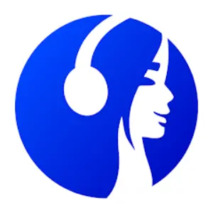 The image features the app icon for Anyplay, which is a blue circular icon with the white silhouette of a woman wearing headphones, facing to the right.