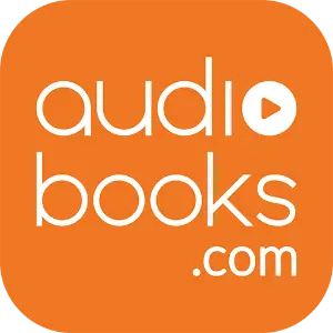 The image displays the app icon image for Audiobooks.com, which is an orange square icon with the text "audiobooks.com" in lowercase white letters. A small play button symbol is integrated into the letter "o" in "audio."