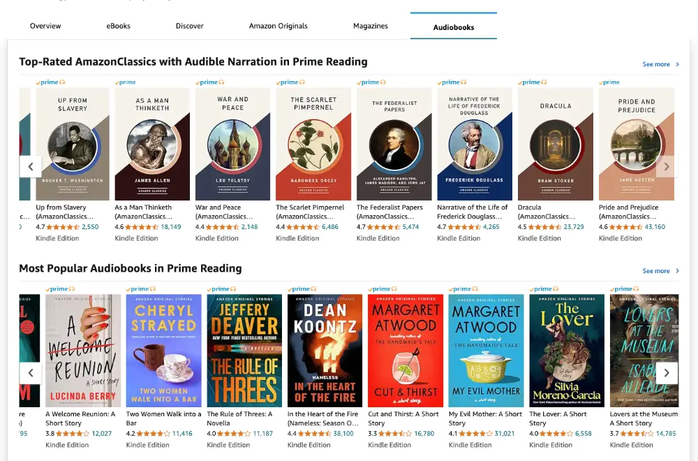 The image showcases a webpage displaying "Top-Rated AmazonClassics with Audible Narration in Prime Reading" and "Most Popular Audiobooks in Prime Reading." It includes rows of book covers with titles such as "Up from Slavery," "War and Peace," and "The Rule of Three," along with star ratings, reviews, and the "Prime" logo.