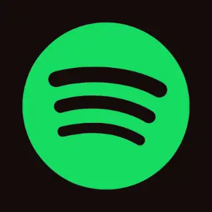 The image features the app icon image for Spotify, which is a green circle with three curved black lines resembling sound waves, set against a black background. 