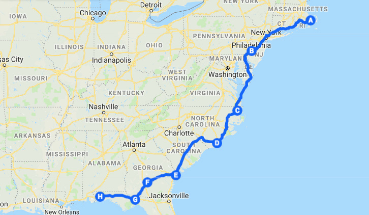 The stops on my Massachusetts to Florida road trip down the coast.
