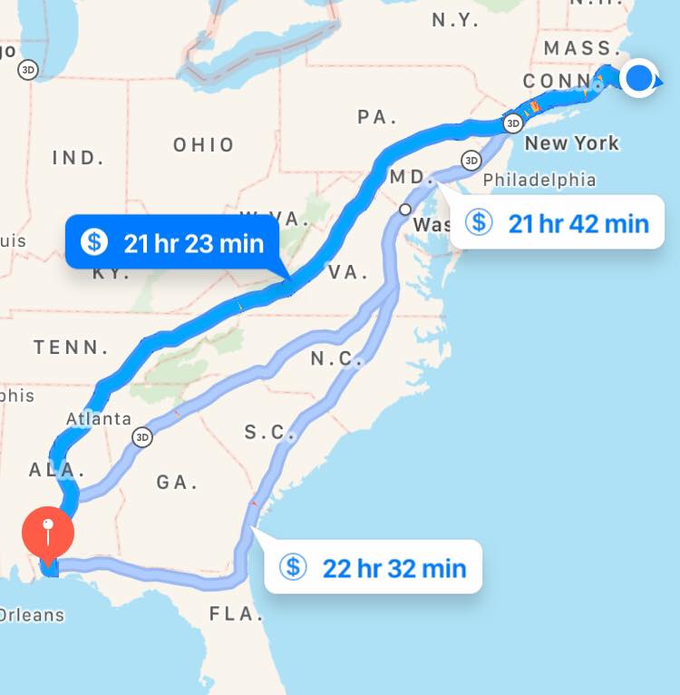 Facebook post of potential routes from Massachusetts to Florida.