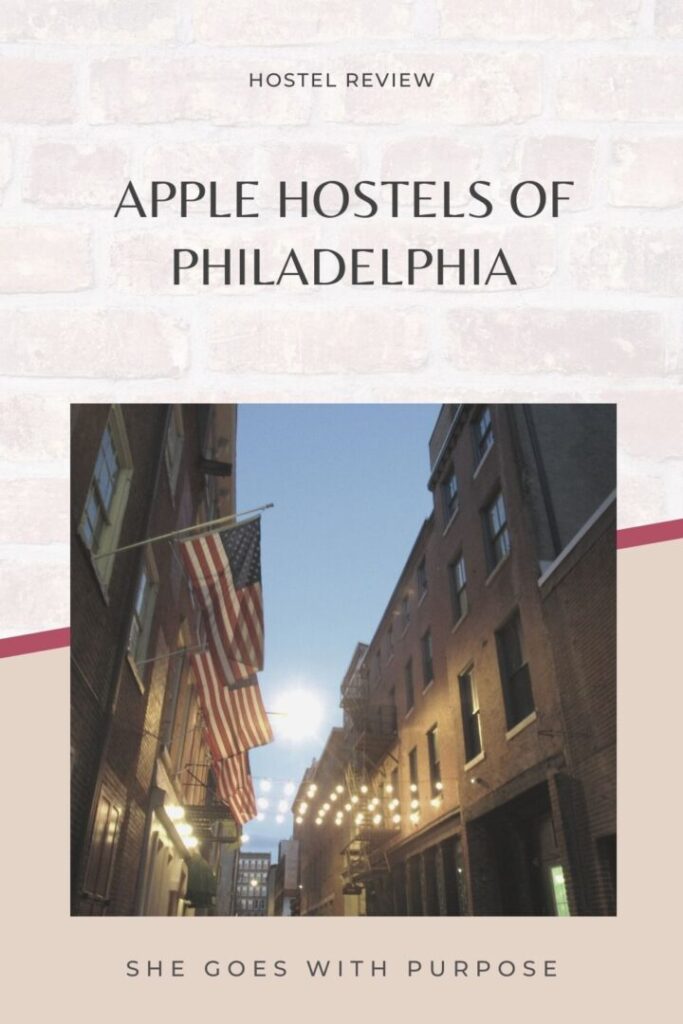 Apple Hostels of Philadelphia is located in the center of the city, steps from historic sites, restaurants, and shops. It's perfect for solo female travelers! If you're looking for an affordable place to stay in Philadelphia, look no further. Save this pin for later or read the full review of Apple Hostels of Philadelphia at shegoeswithpurpose.com. 