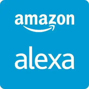 The Amazon Alexa app icon featuring the word 'alexa' in white lowercase letters with the Amazon arrow smile above it, set against a bright blue background.