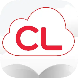 Icon of the CloudLibrary app featuring a white cloud with the red letters 'CL' on a white background with a subtle shadow, indicating a digital library service.