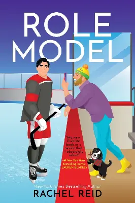 Illustrated book cover for “Role Model” by “Rachel Reid” showing a hockey player in black and red gear on an ice rink beside a person in a purple sweater, green hat, teal pants, and yellow boots. A small black dog stands near a box on the ice, with smaller review text that is too small to read clearly.